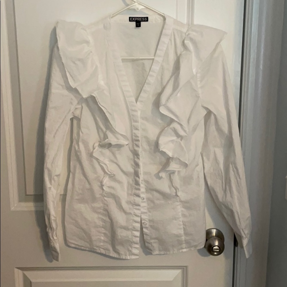 White ruffle button up